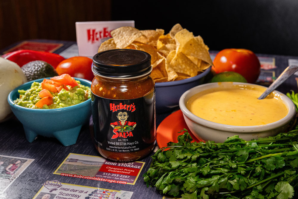 House-made salsa, queso, and guacamole at Herbert's Taco Hut San Marcos