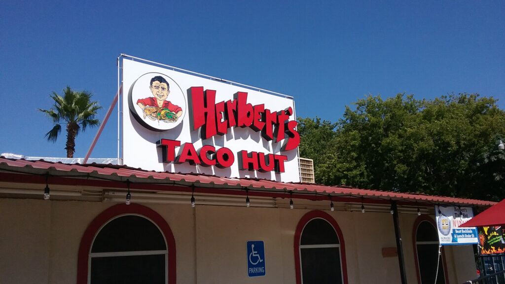 Herbert's Taco Hut restaurant exterior sign